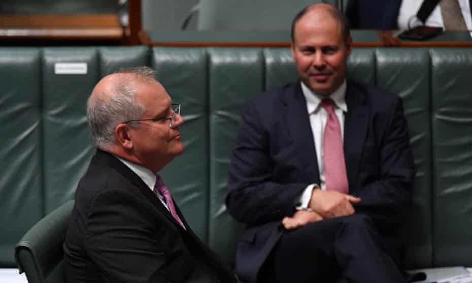 Prime Minister Scott Morrison (left) and Treasurer Josh Frydenberg during Question Time in the House of Representatives on February 22, 2021 in Canberra, Australia. 