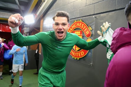 Ederson celebrates in the tunnel after Manchester City’s win.