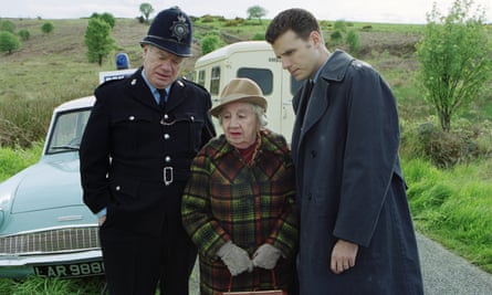 William Simons as PC Ventress, left, with Gwenllian Davies as Enid Blunkett-Forbes and Jason Durr as Mike Bradley in a 2000 episode of Heartbeat.