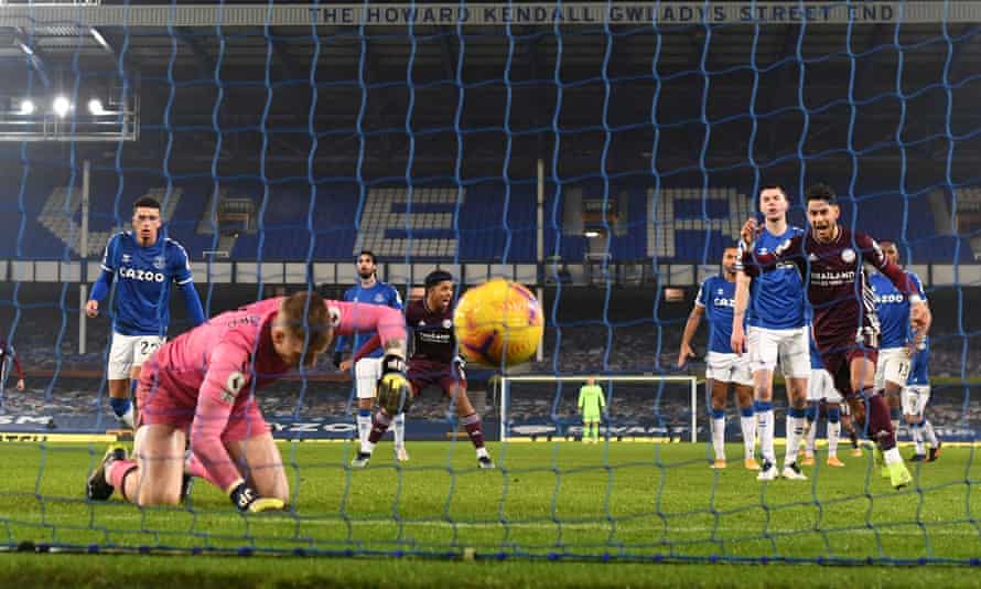 Jordan Pickford pounds the turf after Youri Tielemans’s shot squeezes from his grasp
