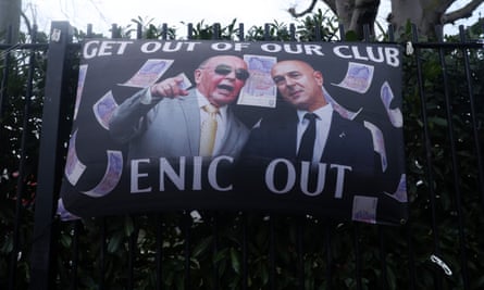 A banner protesting against Daniel Levy and Enic, the major shareholder in Spurs.