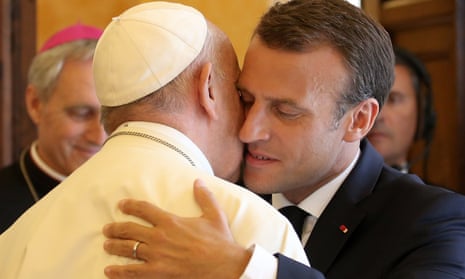 Pope Francis broke with tradition by greeting the French president, Emmanuel Macron, with a double kiss. 