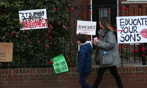 A school with placards and signs.