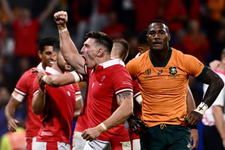 Wales lock Adam Beard celebrates after the 40-6 win over Australia at the 2023 World Cup