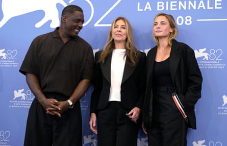 Idris Elba, Kathryn Bigelow and Rebecca Ferguson at a photocall for A House of Dynamite.
