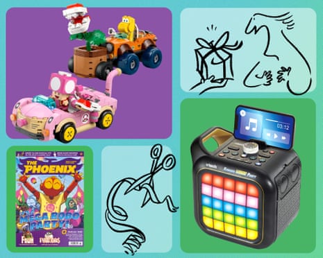 Collage of a toy car playset, karaoke speaker, comic magazine cover, and simple line drawings