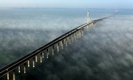 An aerial image of the Jiaozhou Bay bridge in Qingdao
