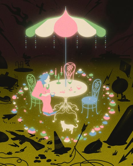 table, umbrella and a person sitting alone among three chairs lit in pastels with shadows surrounding it