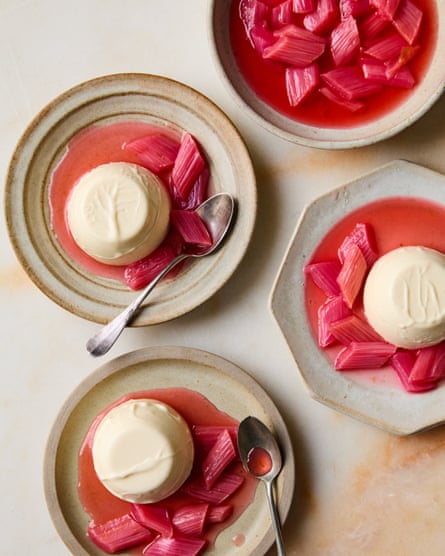 Thomasina Miers’ cardamom panna cotta with baked rhubarb.