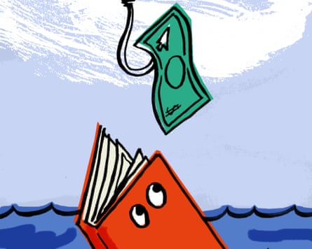 Illustration of a sinking book with cartoon eyes is lured by a dangling banknote on a fishing hook