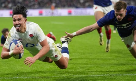 England’s Marcus Smith reacts as he scores a try against France in the Six Nations.