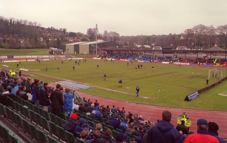 Players warm up at Withdean Stadium before a Brighton game in April 2000