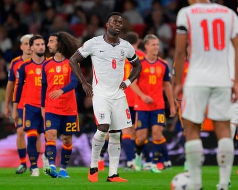 Marc Guéhi looks dejected after England conceded a goal against Spain in the Nations League.