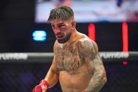 Ilia Topuria looks a little worse for wear during his fight with Justin Gaethje.