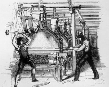 Historical illustration of two luddites smashing up a machine