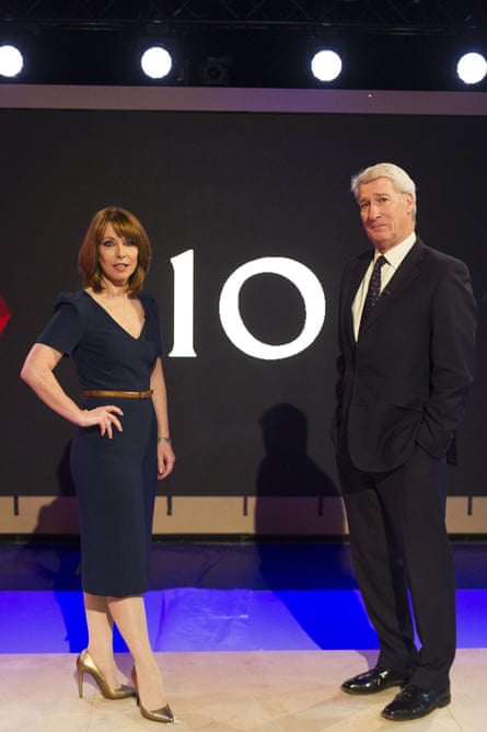 Kay Burley and Jeremy Paxman at the rehearsals ahead of: ‘Cameron &amp; Miliband: The Battle For Number 10, which will be shown on Sky and Channel 4 on Thursday evening. 