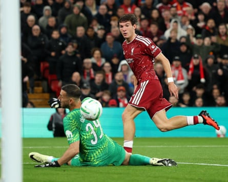 Lewis Koumas came close to scoring in the first half against Spurs at Anfield.