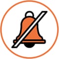 Illustration of bell with line through it in white circle with orange border