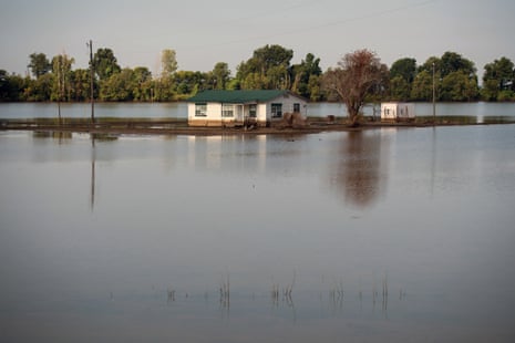 A home outside of Valley Park, Mississippi remains surrounded by floodwater. The brown line at the bottom of the house indicates the flood level at its peak. A good portion of the water receded after the Steele Bayou Control Structure gates were reopened in mid-July.