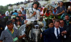 Jockey Irad Ortiz Jr and Creator are walked to the winner’s circle after winning the 148th running of the Belmont Stakes on Saturday