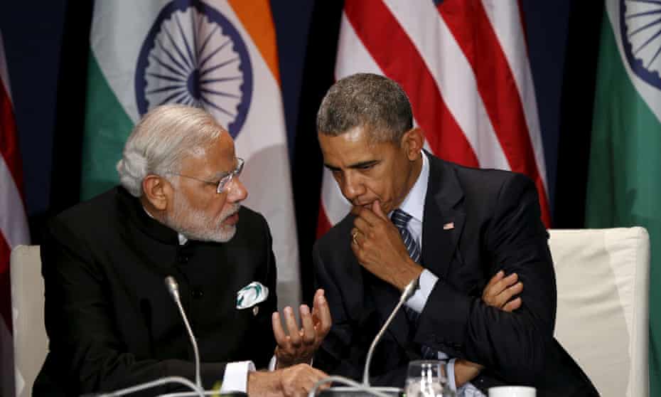America’s President Obama and Narendra Modi, the Indian prime minister, at the climate change summit in Paris.