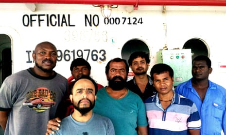 Captain Ayyappan Swaminathan with members of the MV Azraqmoiah cargo ship’s crew