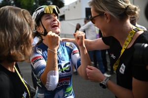 Gladys Verhulst-Wild celebrates after her teammate Kim Le Court claims the stage five win