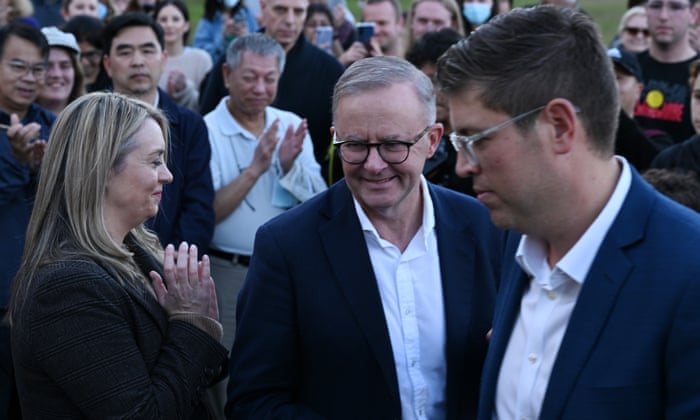 Anthony Albanese and his partner Jodie Haydon with the member-elect for Bennelong, Jerome Laxale, and locals in Eastwood, Sydney