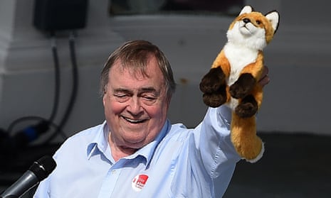 John Prescott holding a toy fox as speaks at a Labour event in Scarborough.