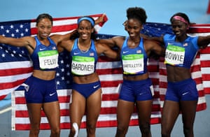 Athletics - Olympics: Day 14RIO DE JANEIRO, BRAZIL - AUGUST 19: English Gardner, Allyson Felix, Tianna Bartoletta and Tori Bowie of the United States celebrate winning gold in the Women’s 4 x 100m Relay Final on Day 14 of the Rio 2016 Olympic Games at the Olympic Stadium on August 19, 2016 in Rio de Janeiro, Brazil. (Photo by Shaun Botterill/Getty Images)