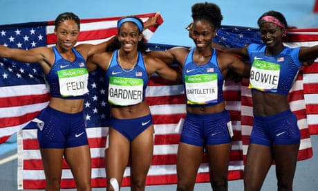 English Gardner, Allyson Felix, Tianna Bartoletta and Tori Bowie celebrate their victory in the 4x100m at the 2016 Olympics