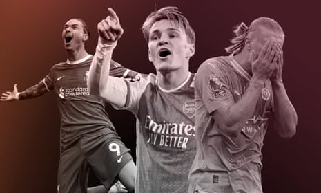 Darwin Núñez celebrates after scoring for Liverpool, Martin Ødegaard reacts during Arsenal’s Champions League quarter-final draw against Bayern Münich and Erling Haaland reacts during Manchester City’s goalless draw with Arsenal.