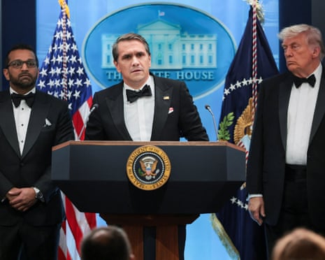 Todd Blanche last night speaking next to FBI director Kash Patel and Donald Trump – still in their tuxedos - at a press briefing at the White House, following the shooting incident during the annual White House Correspondents’ Association dinner.