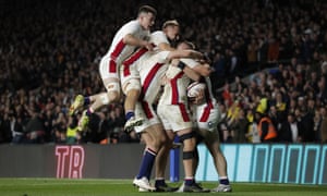 Joy for England after Jamie Blamire scores the second try.