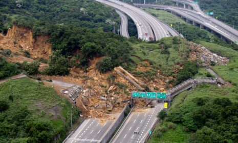 a landslide destroy portions of a major highway outside of the northeastern port city of Keelung, northern Taiwan. 