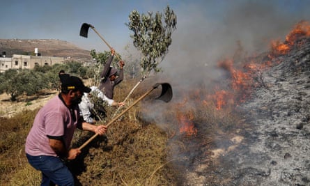 Palestinians tackle a blaze in a field near Burin, south of Nablus