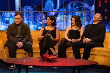 Luke Littler alongside, from left, Raye, Millie Bobby Brown and Rob Beckett.