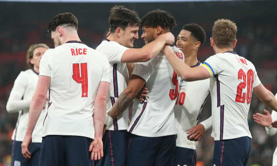 England celebrate Tyrone Mings’s goal