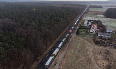 An aerial photo shows lorries at the Polish-Ukrainian border in Hrebenne