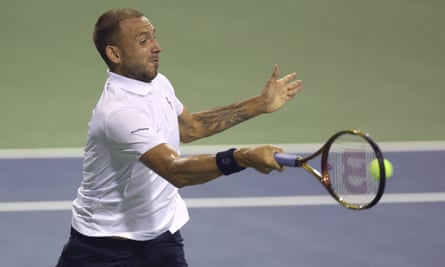 Dan Evans plays a forehand in the Citi Open final against Tallon Griekspoor