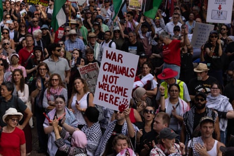 People gather at Sydney Town Hall to protest Israeli president Isaac Herzog’s visit to Australia.