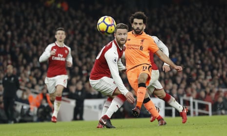 Mohamed Salah’s shot deflects off Mustafi for Liverpool’s second.