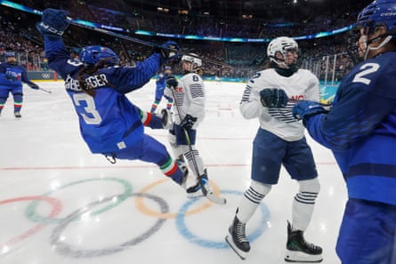 France's Jade Barbirati (centre) slams into Manuela Heidenberger (left) and is sent to the sin-bin