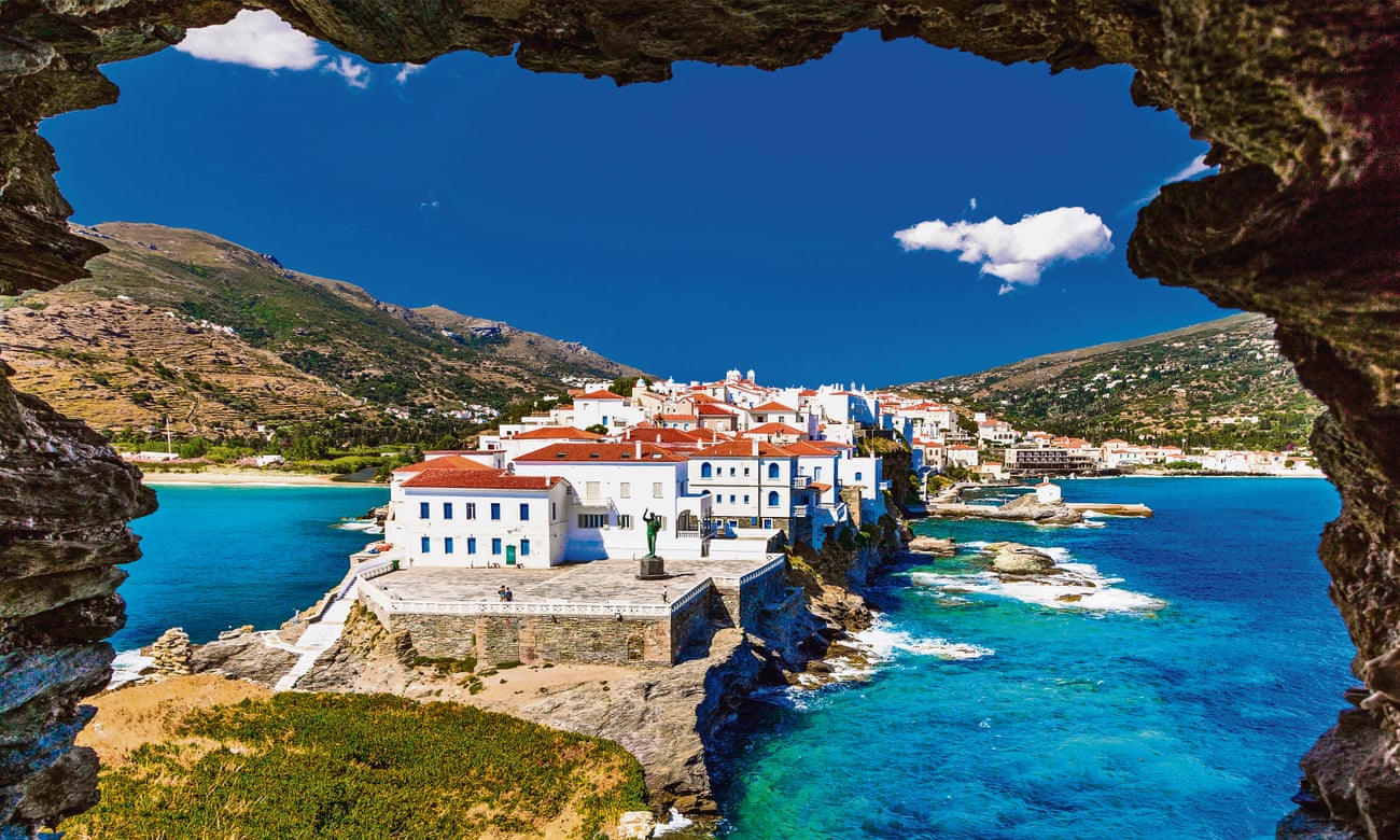 Andros island’s picturesque main town is on a narrow peninsula on the east coast.