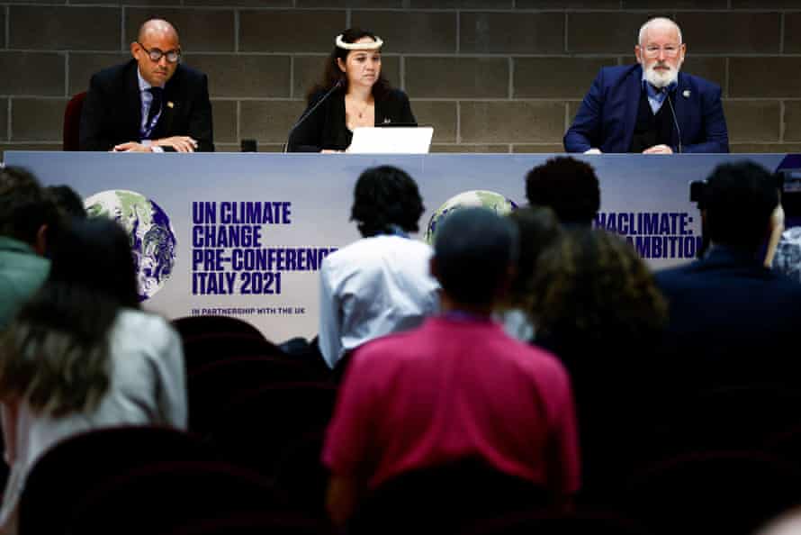 (From left) Grenada's climate resilience minister Simon Stiell, the Marshall Islands climate envoy Tina Stege, and European Commission vice-president Frans Timmermans at Pre-Cop26 in Milan on 2 October 2021.