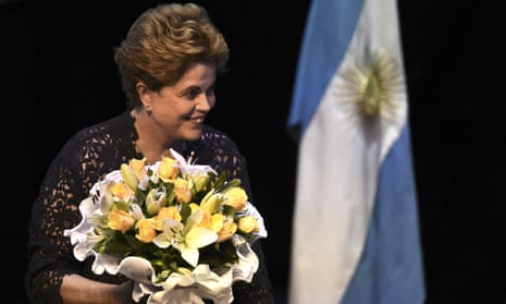 Former Brazilian president Dilma Rousseff acknowledges the audience during a meeting in Buenos Aires, Argentina
