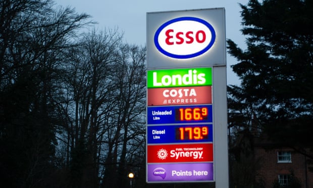 Petrol station sign showing unleaded at 166.9p and diesel at 179.9p on 15 March