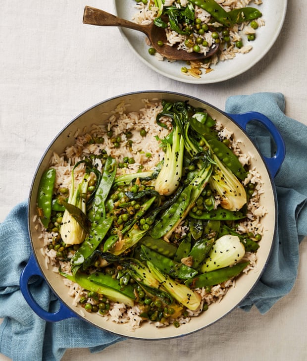 Meera Sodha’s green tea rice with sake vegetables.