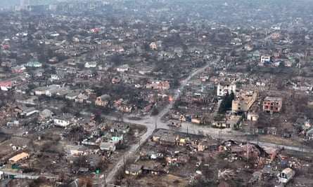 An aerial view of fighting and destruction in the city of Bakhmut