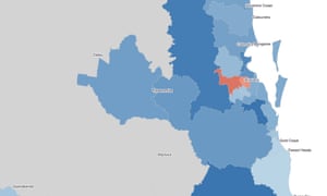 Two-party-preferred swing by electorate, showing Brisbane and surrounds